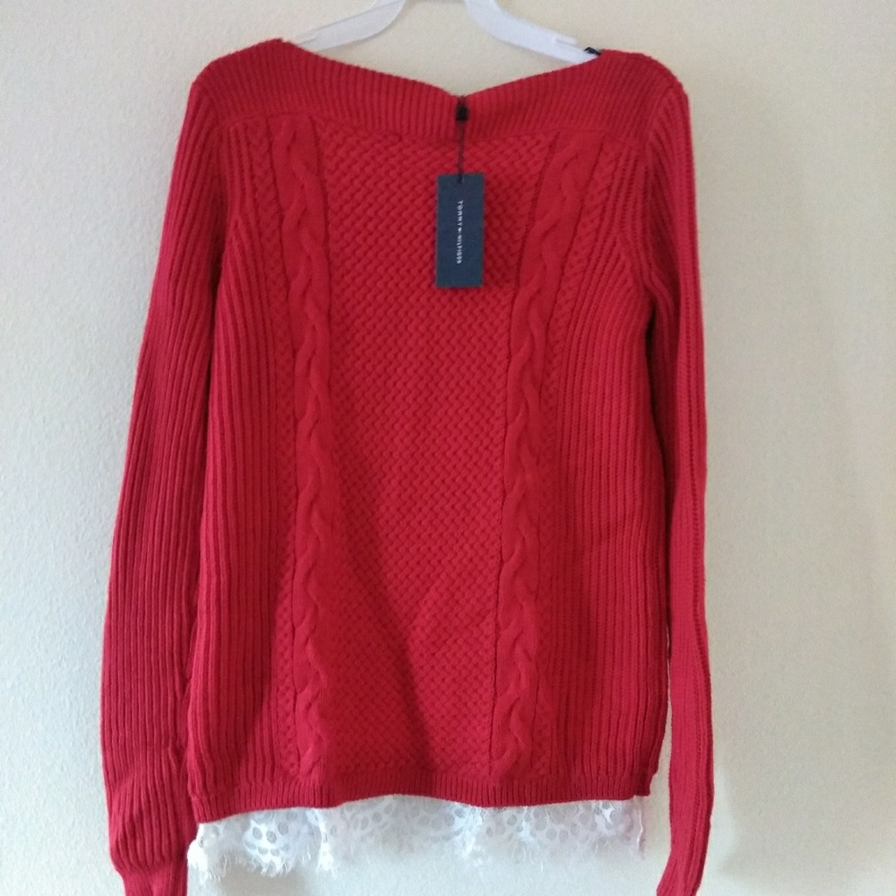 Tommy Hilfiger Red Cable Knit Lace Hem Sweater